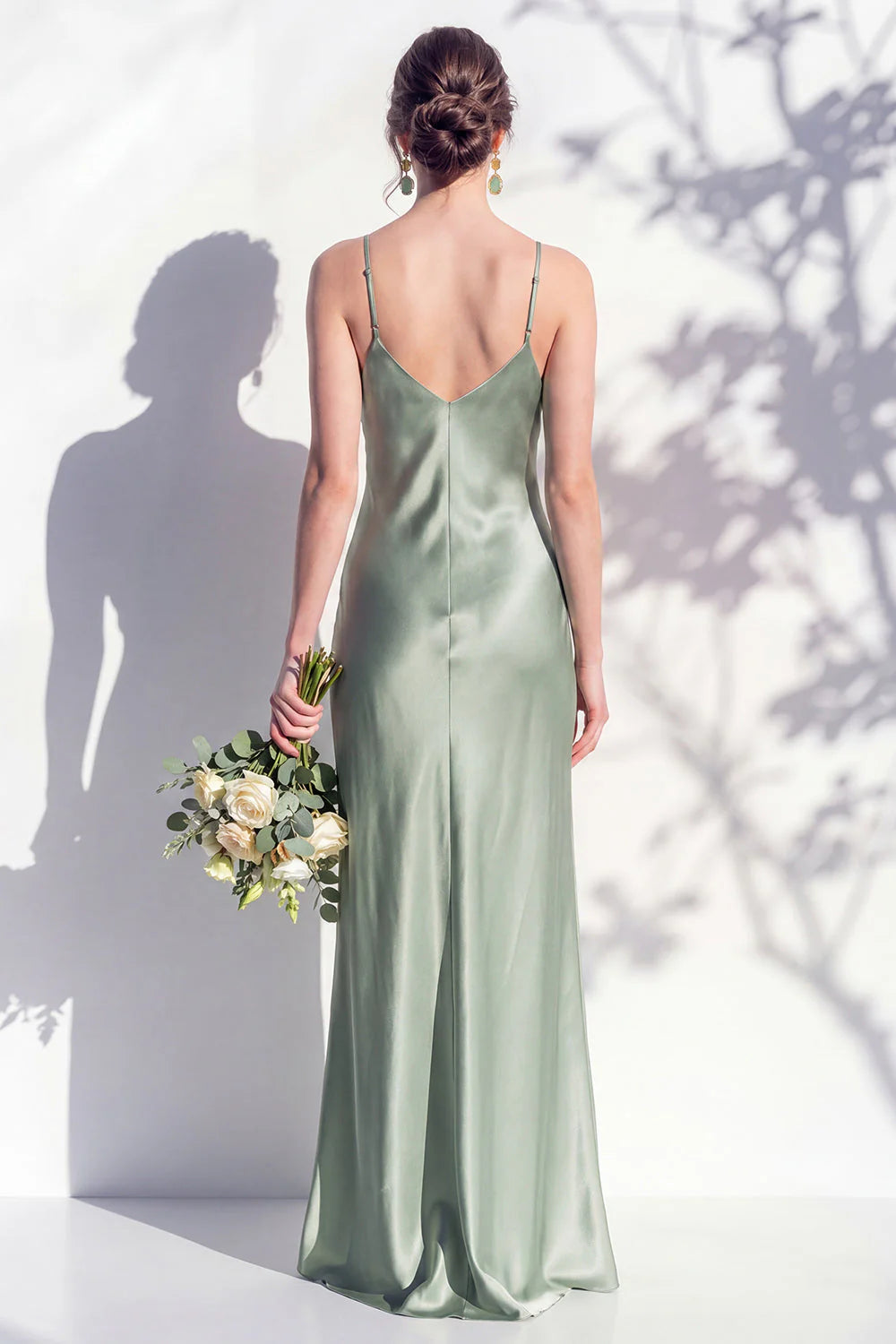 Satin Spaghetti Straps Sheath Sage Bridesmaid Dress