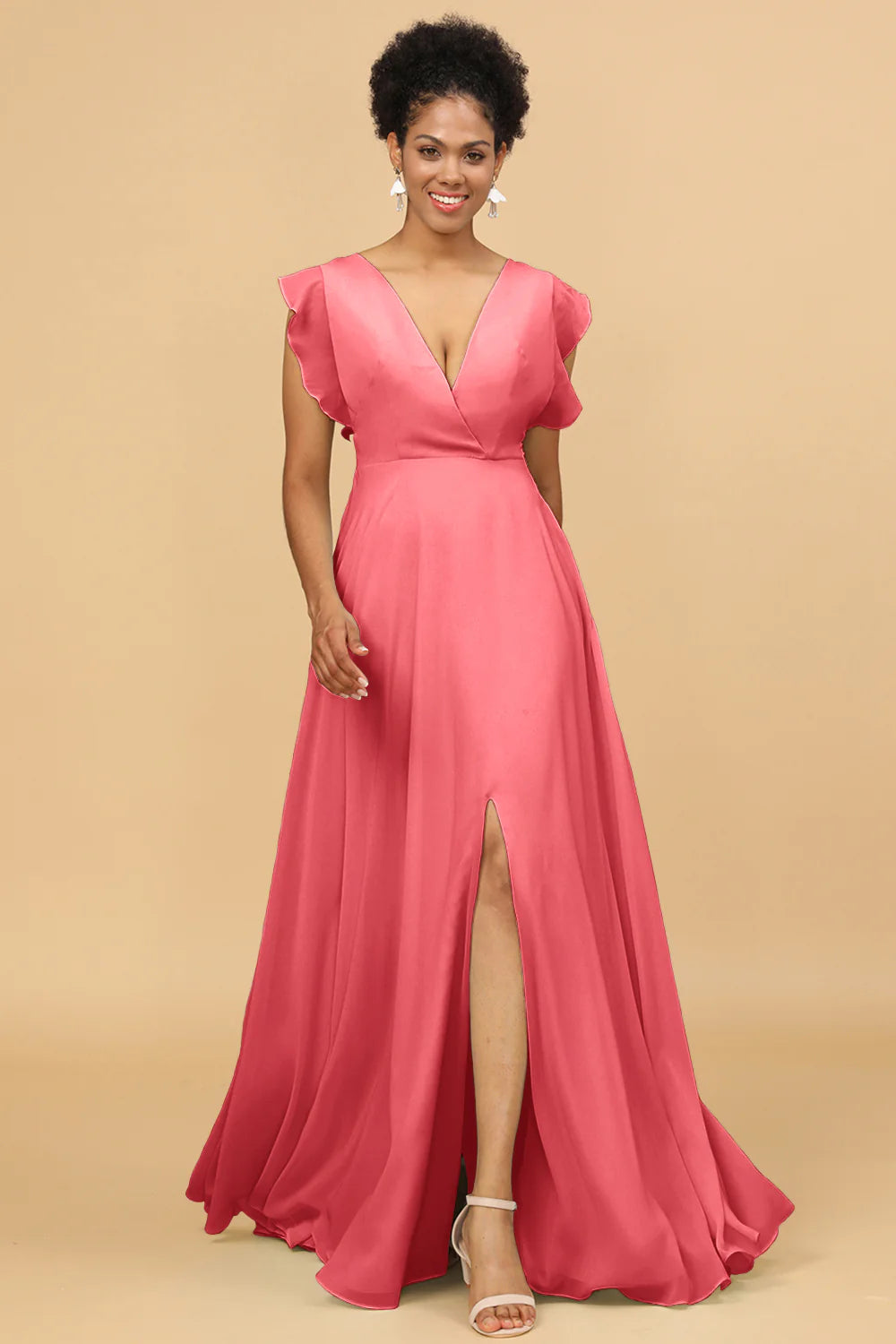 A Line V Neck Floor Length Chiffon Bridesmaid Dress with Slit