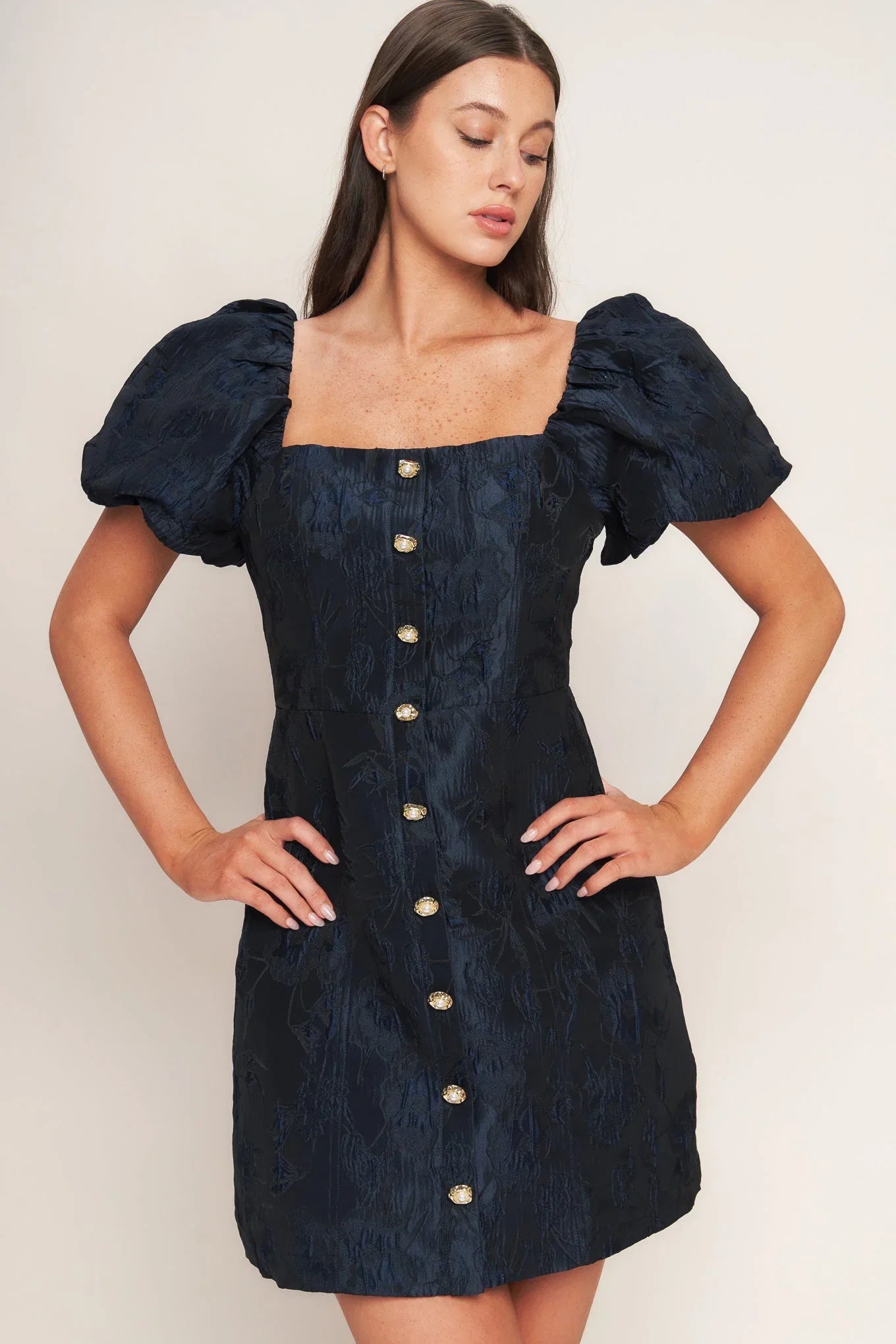 GOLDEN MOON NAVY PUFF SLEEVE MINI DRESS