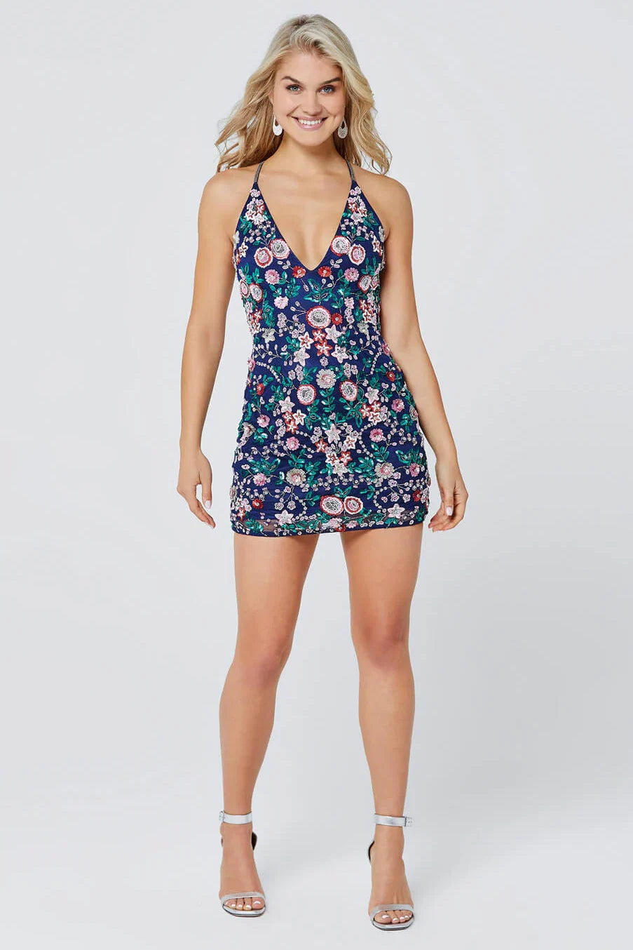 1938 Primavera V Neck Short Dress with Floral Sequins