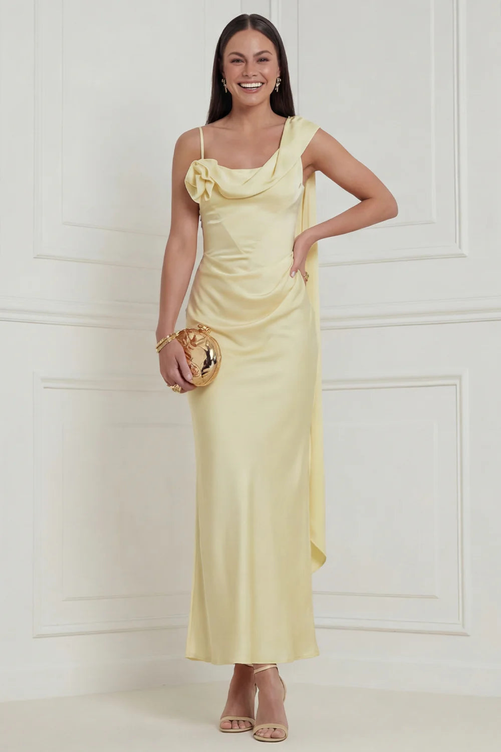 Daffodil Asymmetrical Neck Satin Wedding Guest Dress