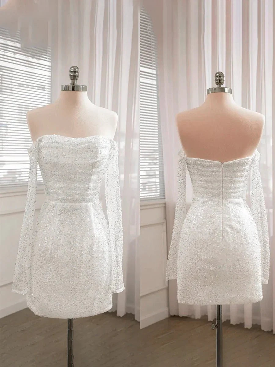 Chic Short Sequined Backless Wedding Dress With Long Detachable Sleeves