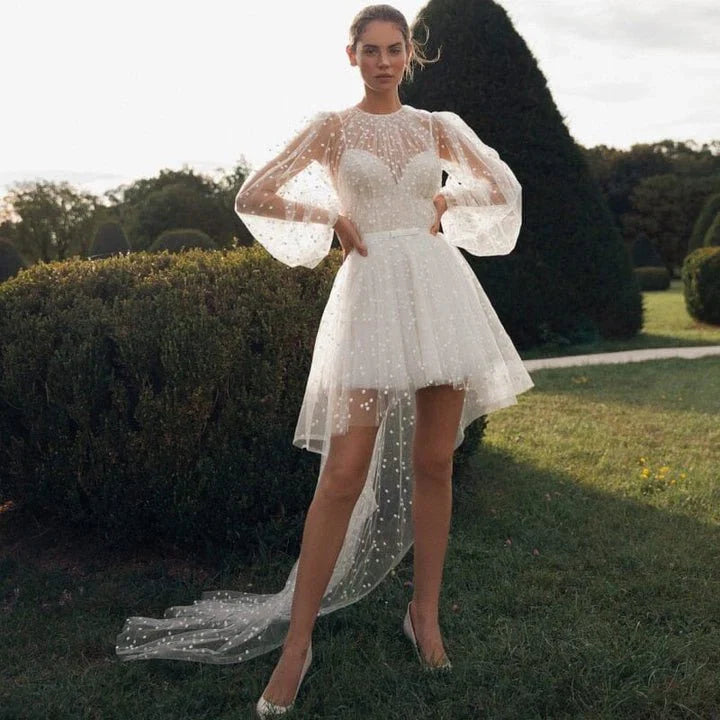 A Line Polka Dot Illusion Charm Asymmetrical Wedding Dress