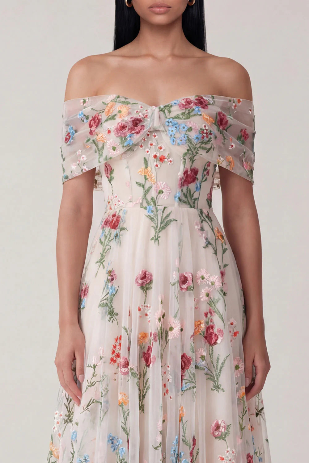 Black Off the Shoulder Floral Embroidered Midi Wedding Guest Dress