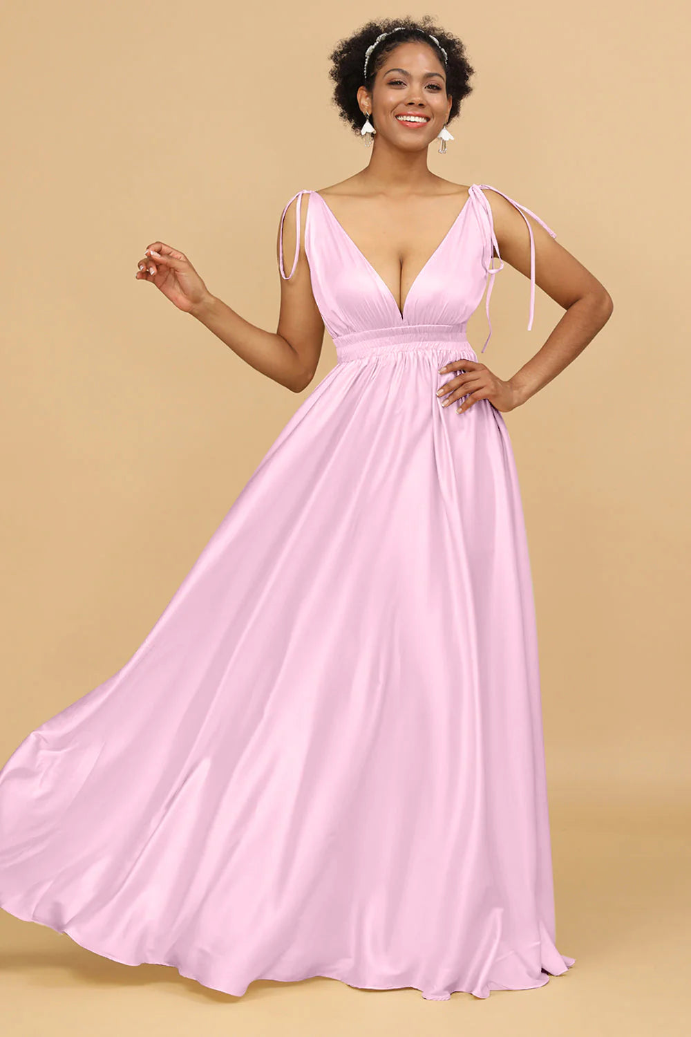A Line Deep V Neck Backless Floor Length Bridesmaid Dress
