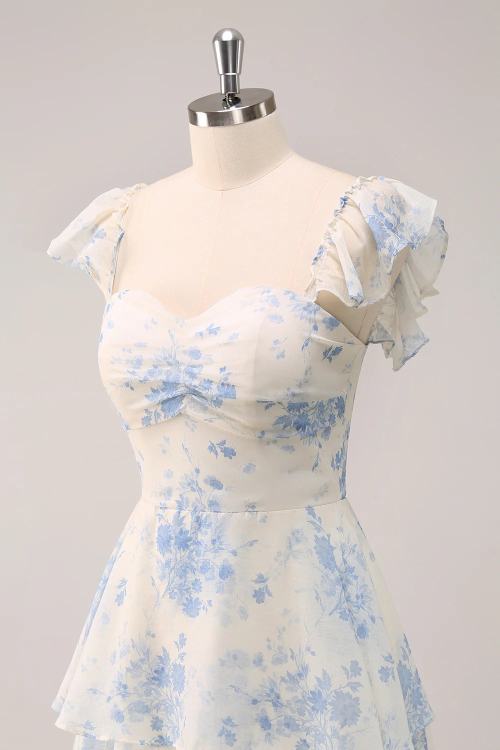 White Blue Floral A Line Off The Shoulder Tiered Print Bridesmaid Dress