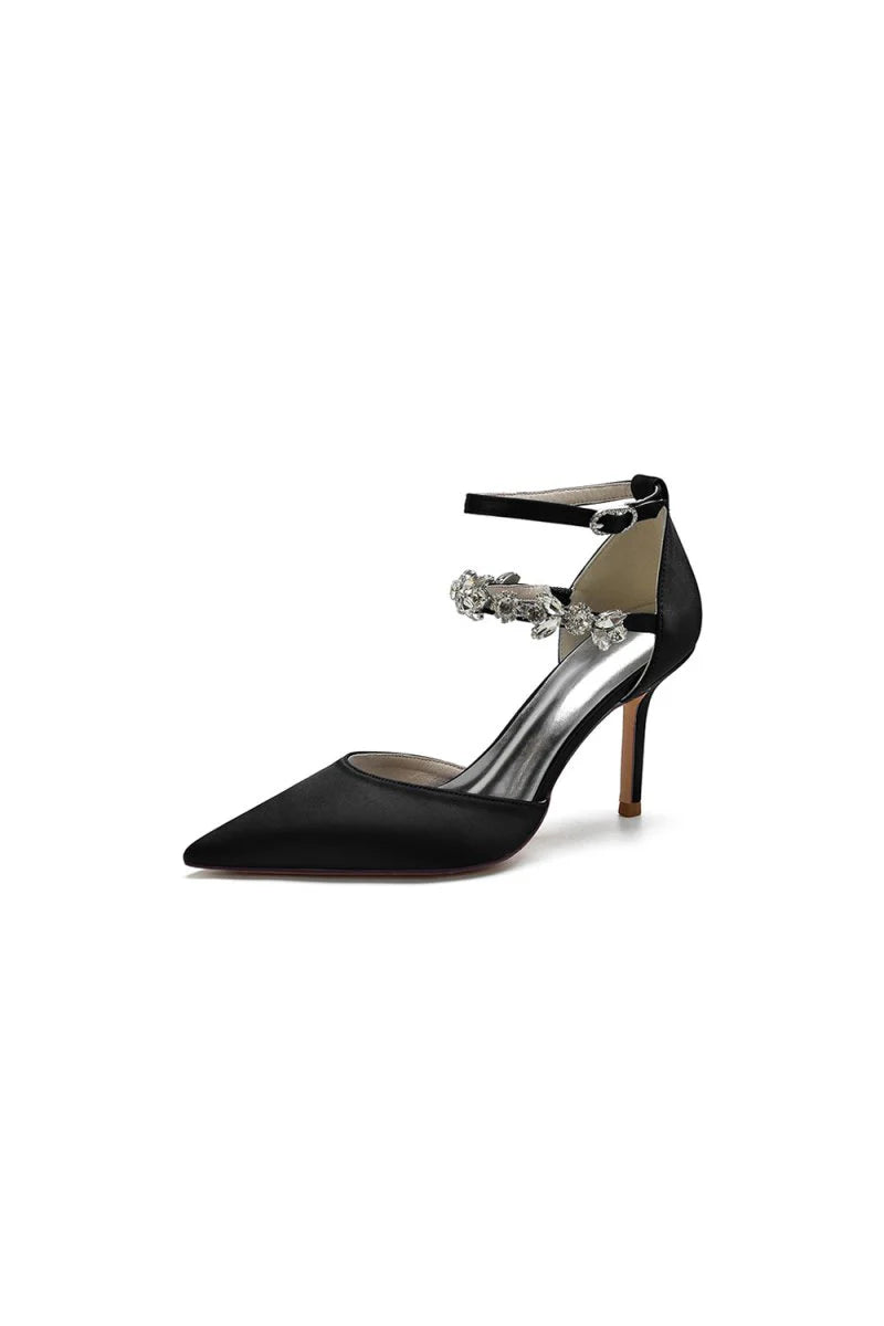 Pointed Toe Crystal Buckle Strap High Heels