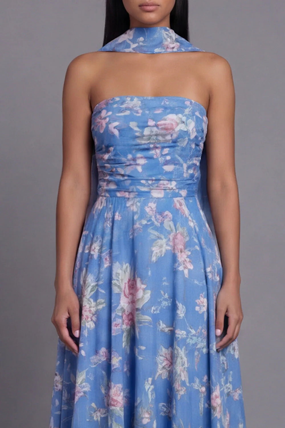 Strapless Blue Floral Ruched A Line Midi Wedding Guest Dress with Sash