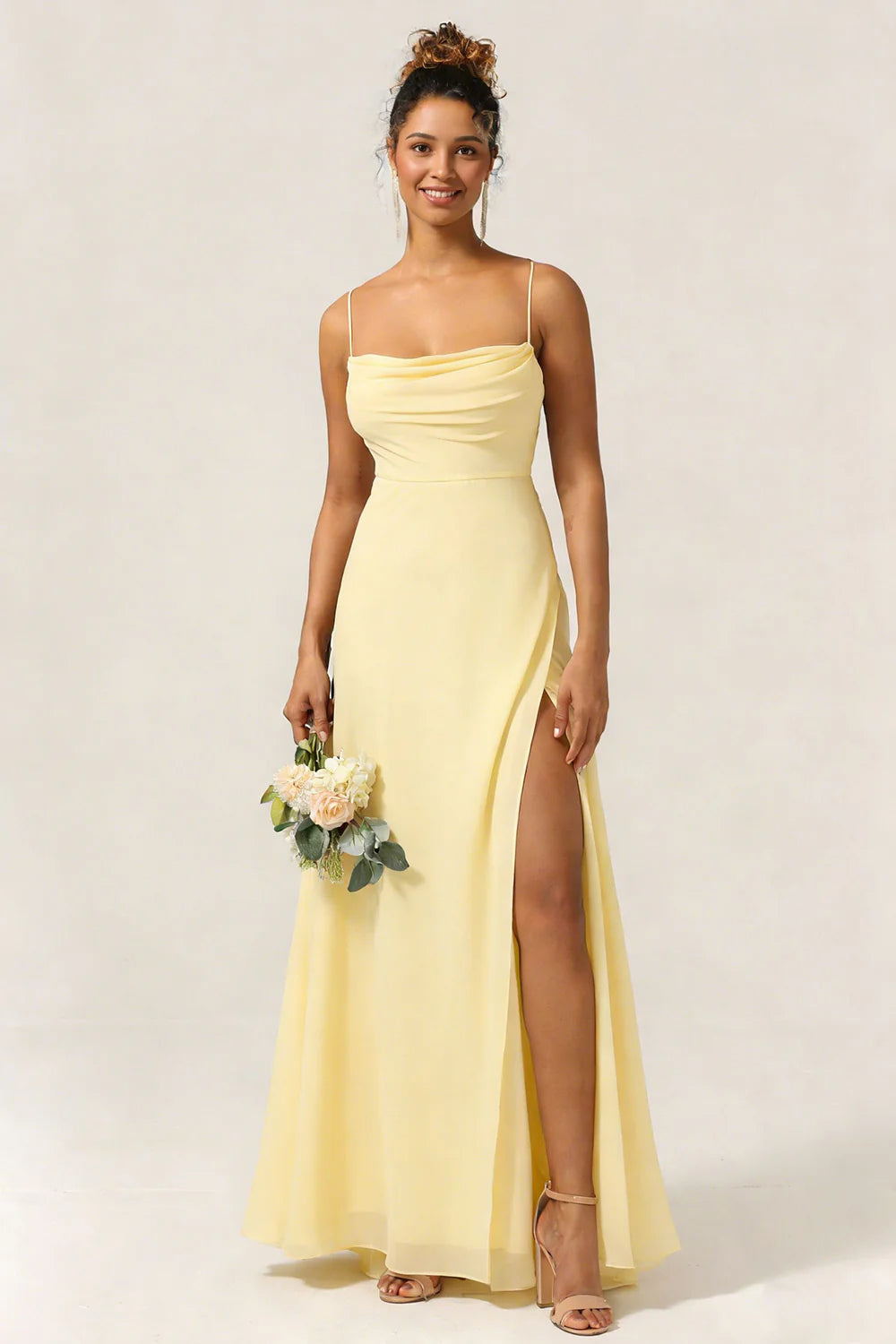 Blue Flower A Line Spaghetti Straps Chiffon Long Bridesmaid Dress with Slit