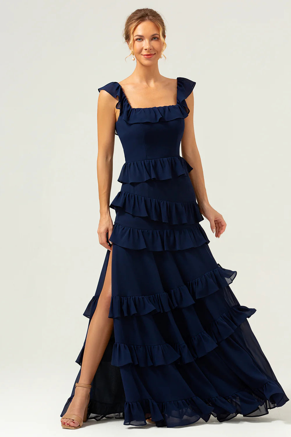 Dark Navy A Line Square Neck Tiered Long Bridesmaid Dress