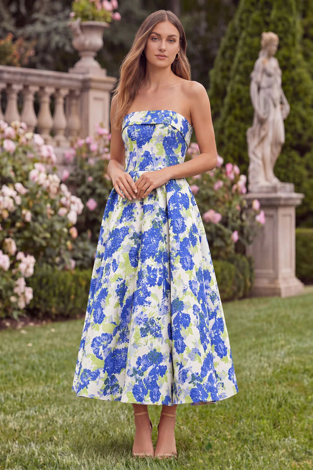 Blue Floral Strapless A Line Midi Wedding Guest Dress
