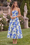 Blue Floral Strapless A Line Midi Wedding Guest Dress