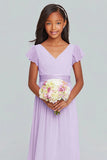 Lilac A Line V Neck Pleated Junior Bridesmaid Dress