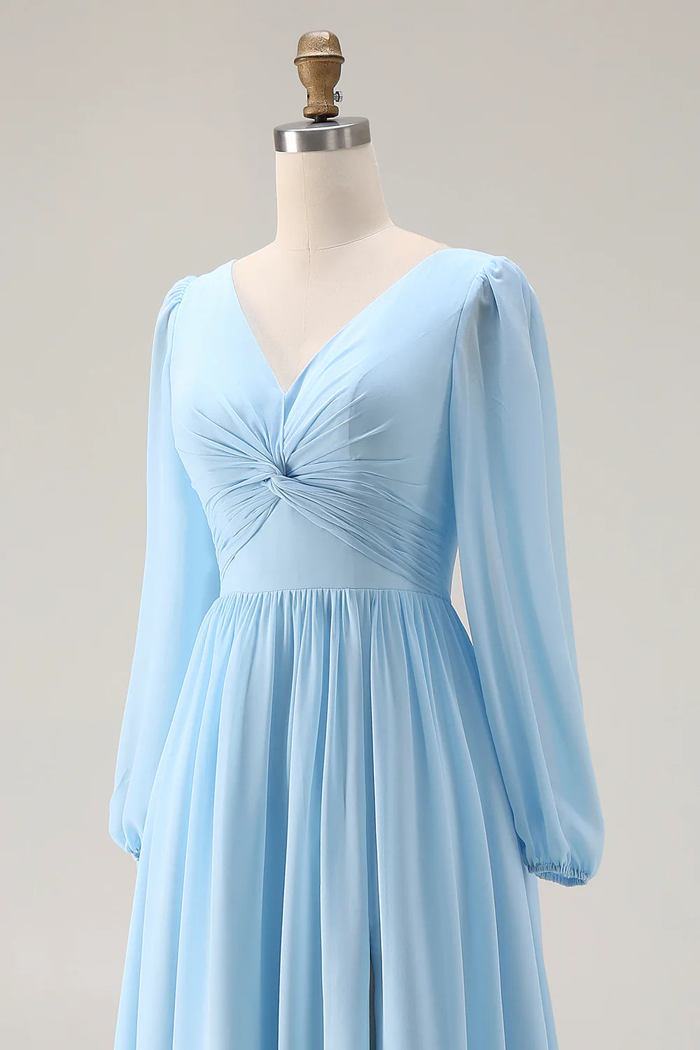 Sky Blue Ruched A Line V Neck Long Sleeve Bridesmaid Dress with Slit