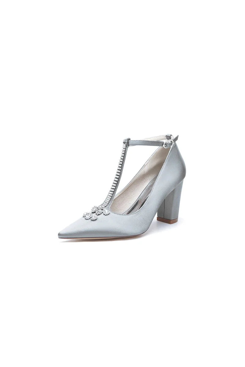 White Leather Pump with Silver Chain and Crystal Accent