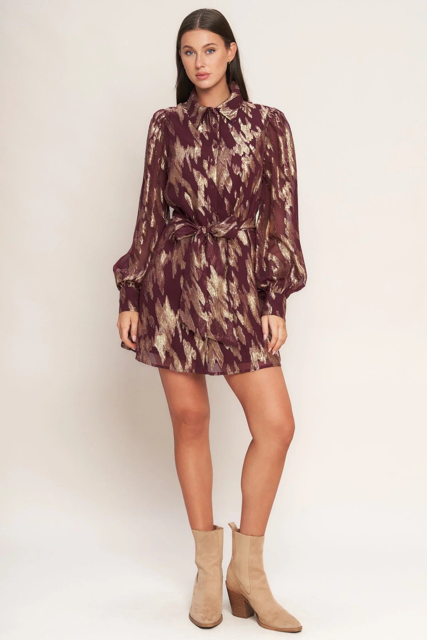 METALLIC MUSE BURGUNDY LONG SLEEVE MINI DRESS FINAL SALE