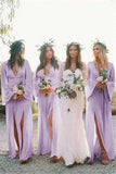 Boho A Line Deep V Neck Long Sleeves Light Bridesmaid Dresses
