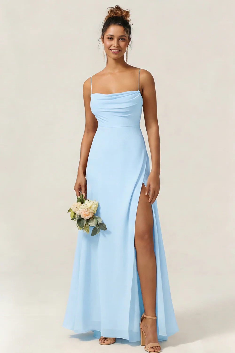 Blue Flower A Line Spaghetti Straps Chiffon Long Bridesmaid Dress with Slit