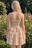 Champagne A Line Sequin Tiered Ruffle Short Homecoming Dress