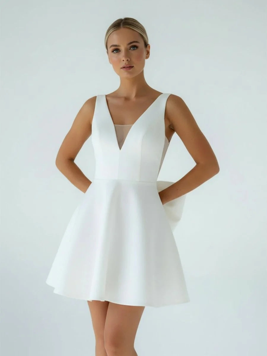 A Line White Satin V Neck Short Wedding Dress with Bow