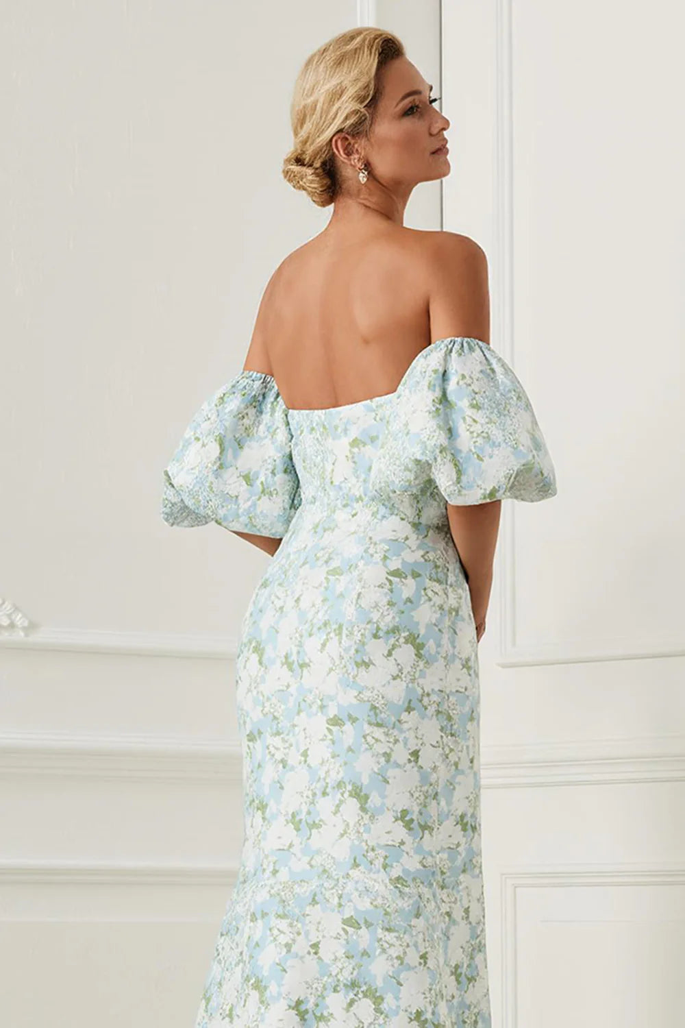 Blue White Flower Mermaid Strapless Satin Convertible Dress with Removable Sleeves
