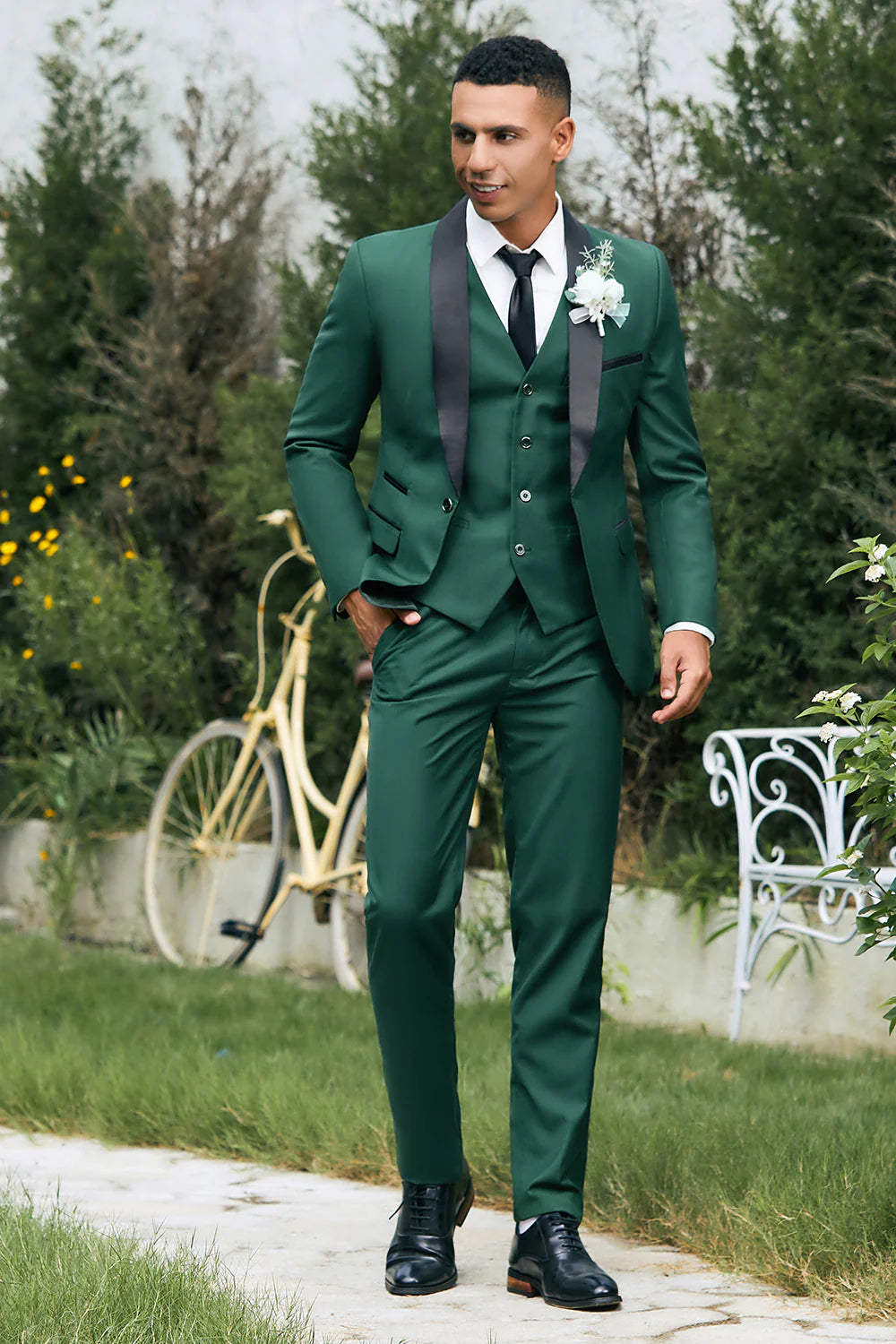 Mens Black Shawl Lapel Single Breasted 3 Piece Wedding Suits