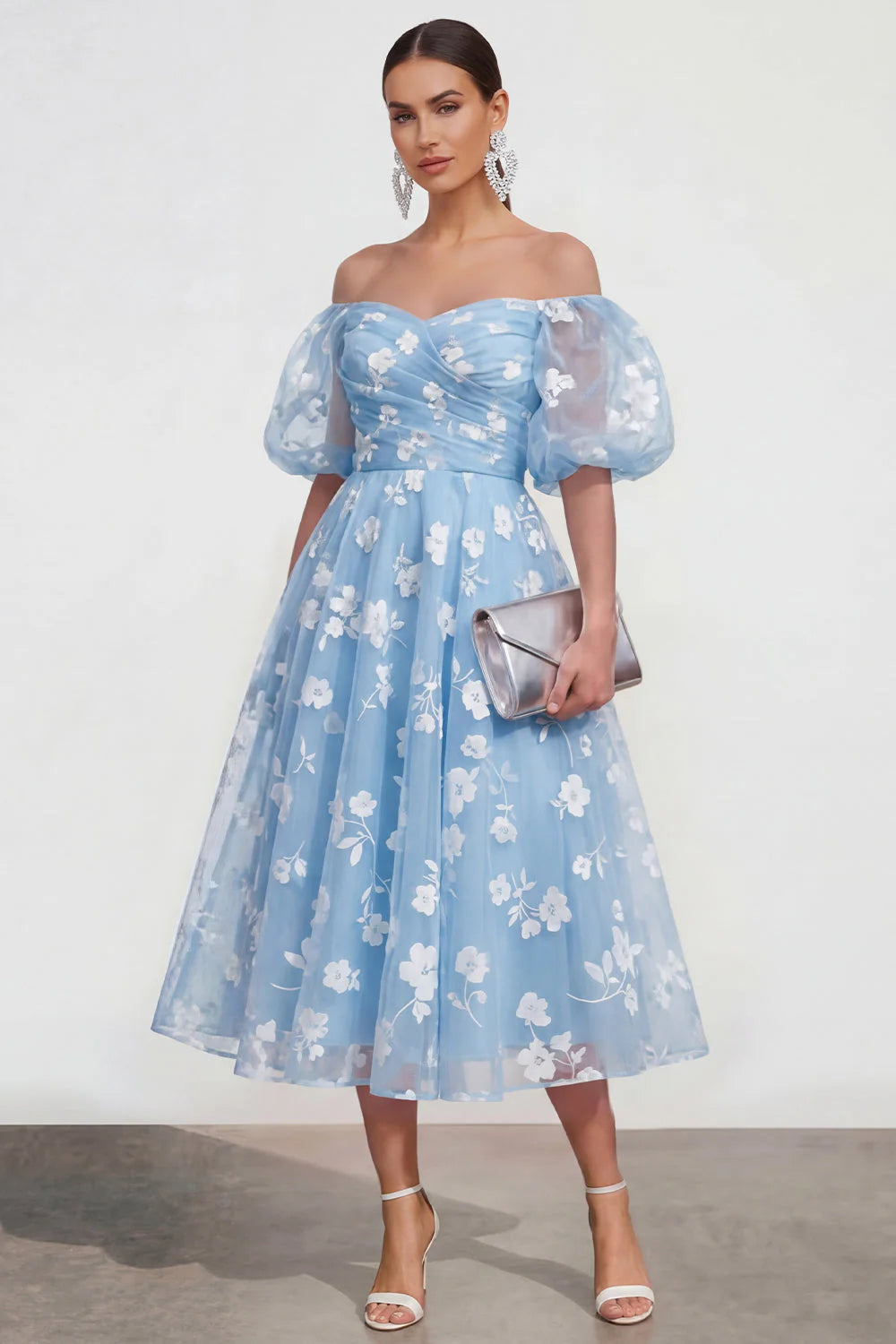 Off the Shoulder Floral Lilac Ruched A Line Wedding Guest Dress
