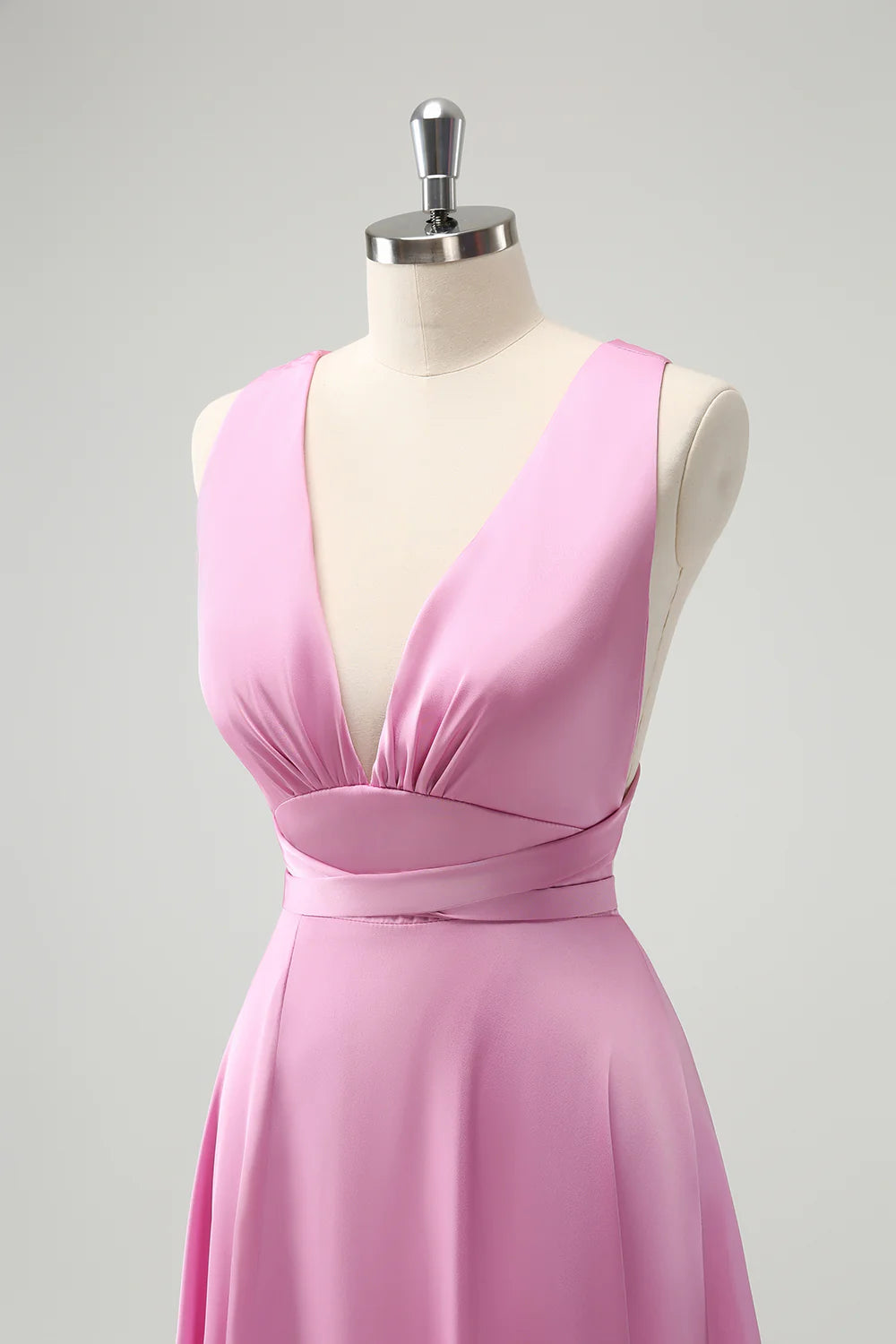 Pink A Line Deep V Neck Backless Long Bridesmaid Dress with Slit