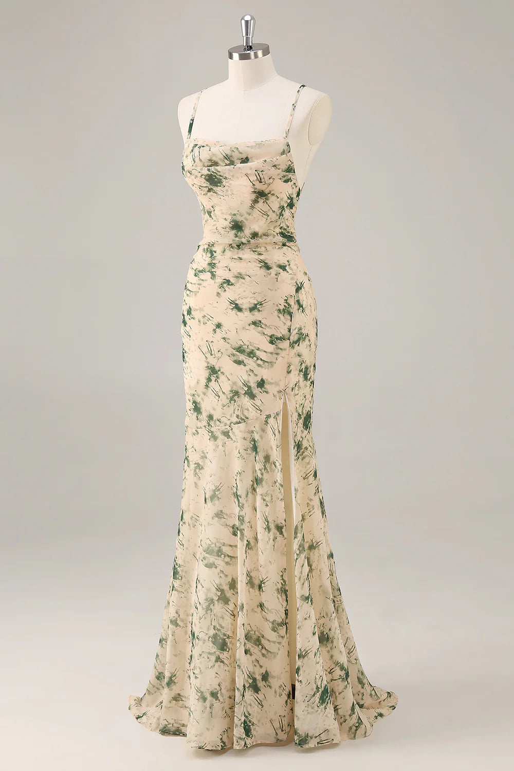 Champagne Sheath Backless Print Floral Long Bridesmaid Dress with Slit
