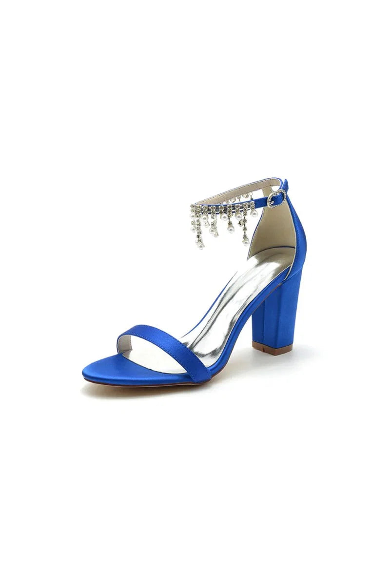Open Toe Block Heels with Rhinestone Tassel