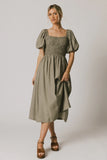 Janie Smocked Midi Dress in Olive FINAL SALE