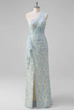White Blue Flower One Shoulder Cut Out Print Long Bridesmaid Dress with Slit