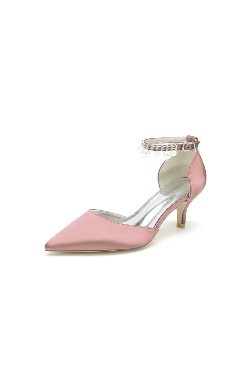 Pointed Toe Pearl Strap Kitten Heels