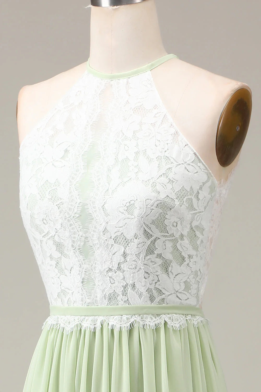 Dusty Sage A Line Halter Neck Lace and Chiffon Floor Length Bridesmaid Dress