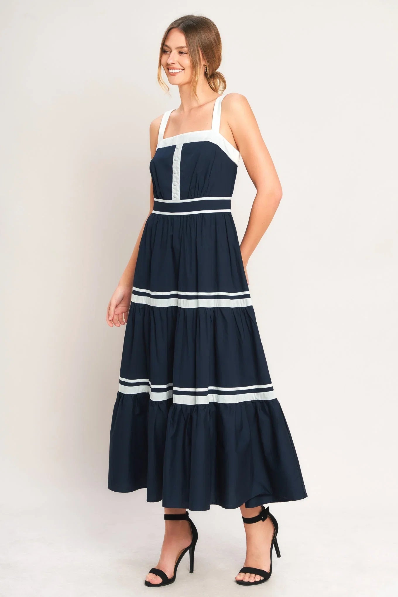 NAVY WHITE CONTRAST MIDI DRESS