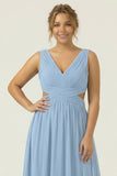 Dusty Blue A Line V Neck Chiffon Long Plus Size Bridesmaid Dress