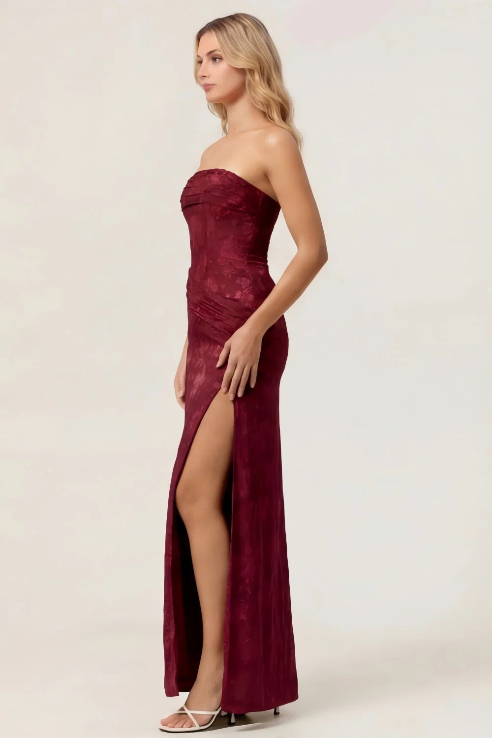 Sage Green Sheath Strapless Ruched Floral Jacquard Long Bridesmaid Dress with Side Slit