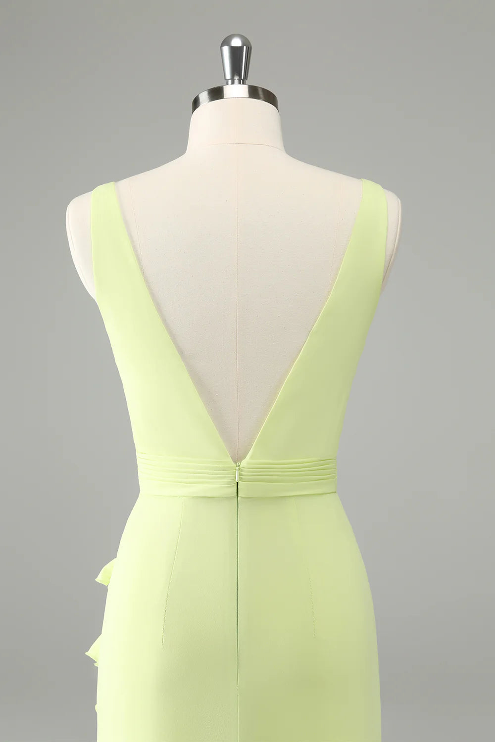 Lime A Line V Neck Floral Ruffle Open Back Bridesmaid Dress with Slit