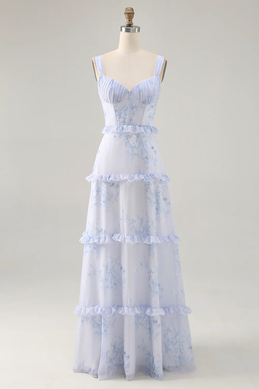 Blue Flower A Line Printed Long Bridesmaid Dress with Lace Up Back