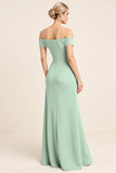 Mint Sheath Off The Shoulder Long Bridesmaid Dress with Slit