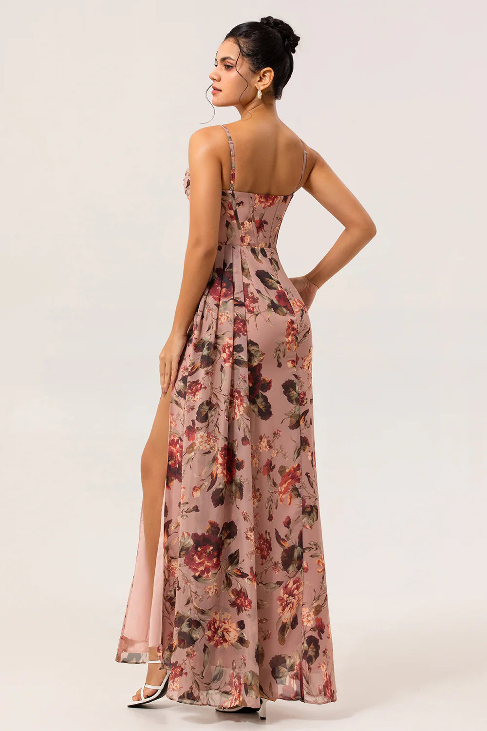 Dusty Rose Flower Fitted Corset Ruched Streamer Chiffon Long Plus Size Bridesmaid Dress with Slit