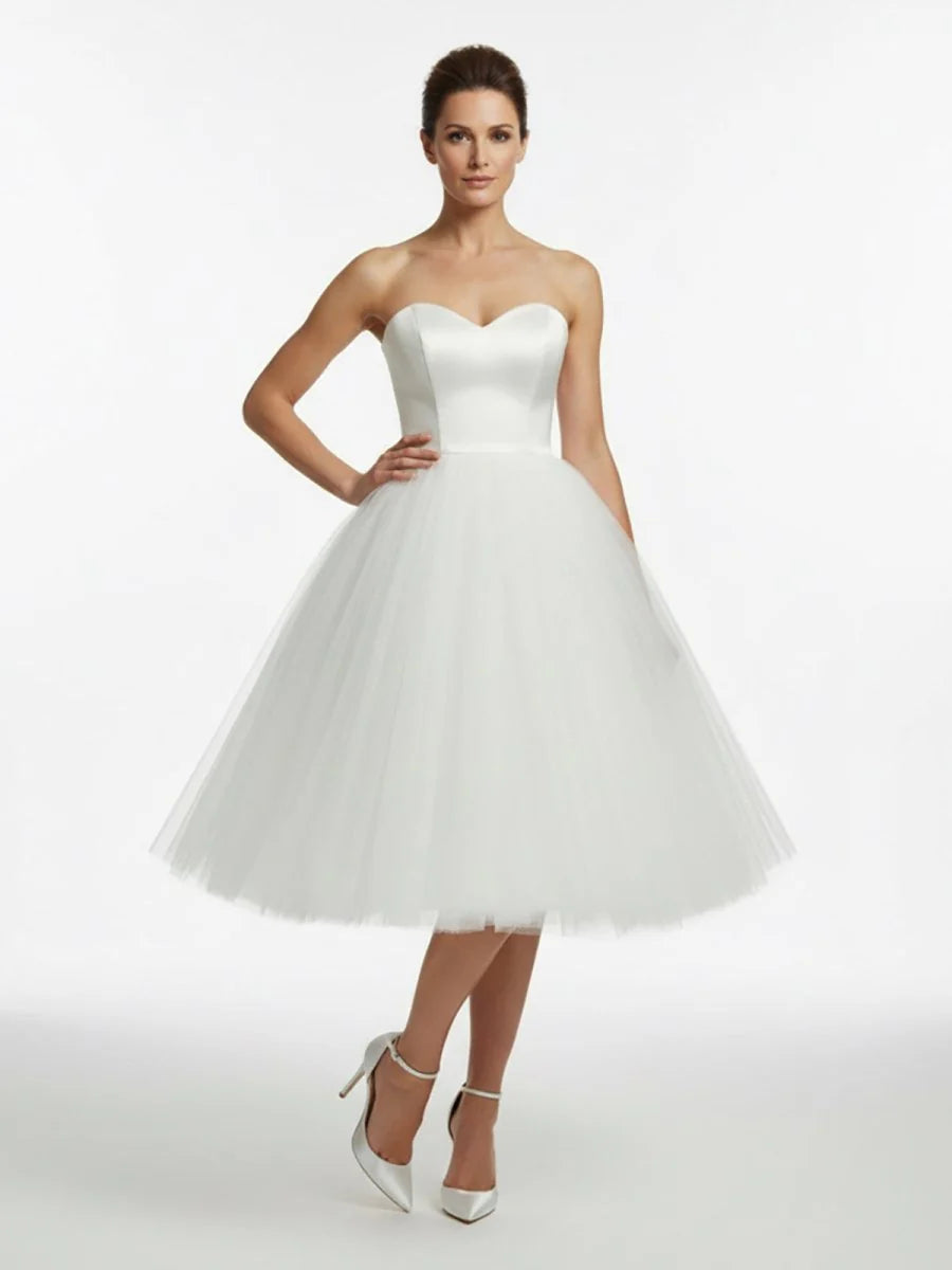 Sweetheart Empire Tea Length Tulle Wedding Dress With Lace Up Back