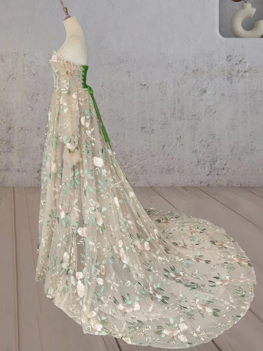 A Line Light Green Sweetheart Pearl Wedding Dress
