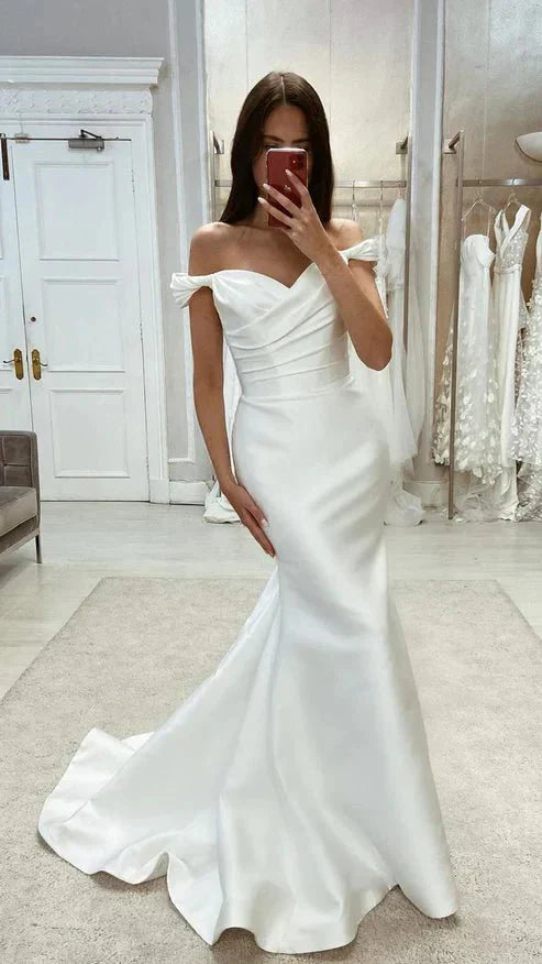 Chic Satin Mermaid Off Shoulder Ruched With Train Beach Wedding Dress