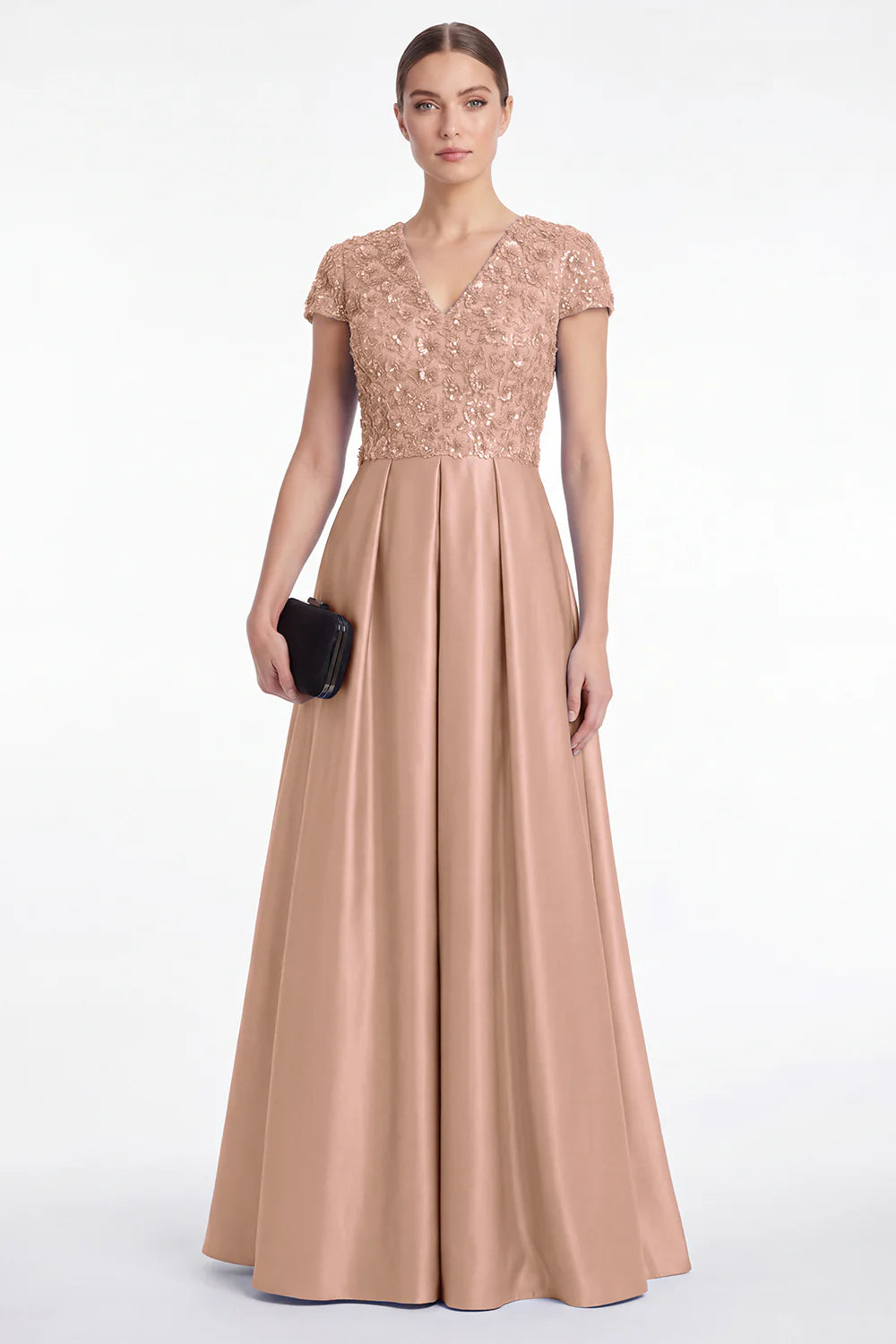 Champagne Sequin A Line V Neck Mother of the Bride Dress with Short Sleeevs