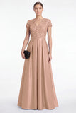 Champagne Sequin A Line V Neck Mother of the Bride Dress with Short Sleeevs