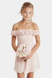 Off The Shoulder Blush Pink A Line Short Junior Bridesmaid Dress with Ruffles