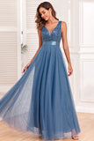 Sparkly Blue A Line V Neck Mother of the Bride Dress