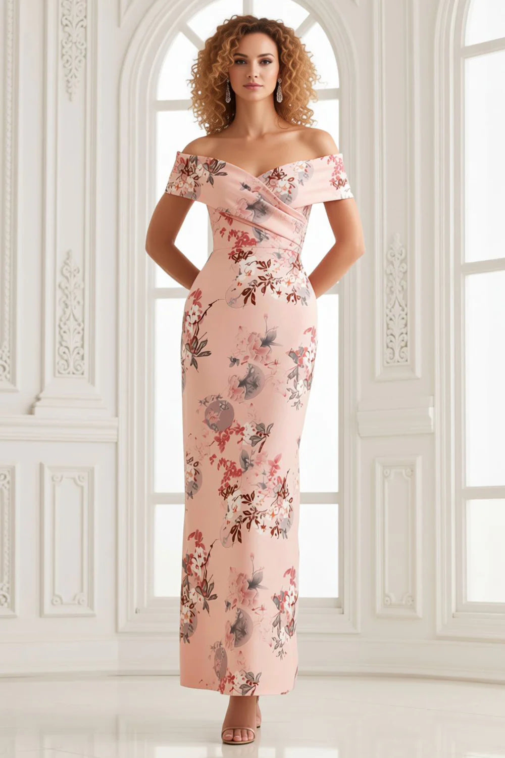 Off The Shoulder Sheath Blush Floral Print Long Satin Wedding Guest Dress with Back Slit