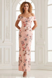 Off The Shoulder Sheath Blush Floral Print Long Satin Wedding Guest Dress with Back Slit